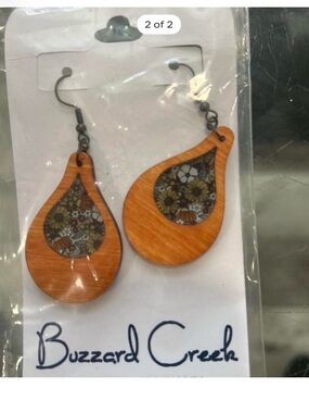 Orange Teardrop Floral Wood Earrings